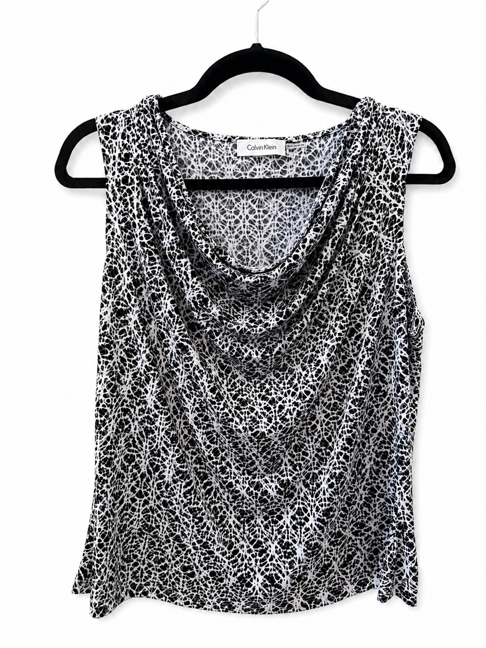 Calvin Klein Sleeveless Cowl Neck Top Black White Abstract Print Size L